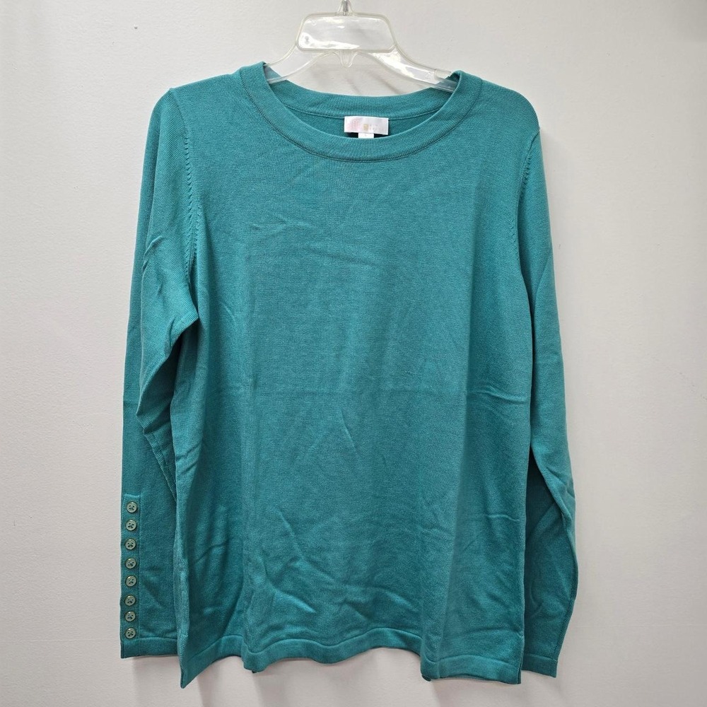 belle by Kim Gravel Womens Teal Crew Neck Knit Button Cuff Pullover Sweater L